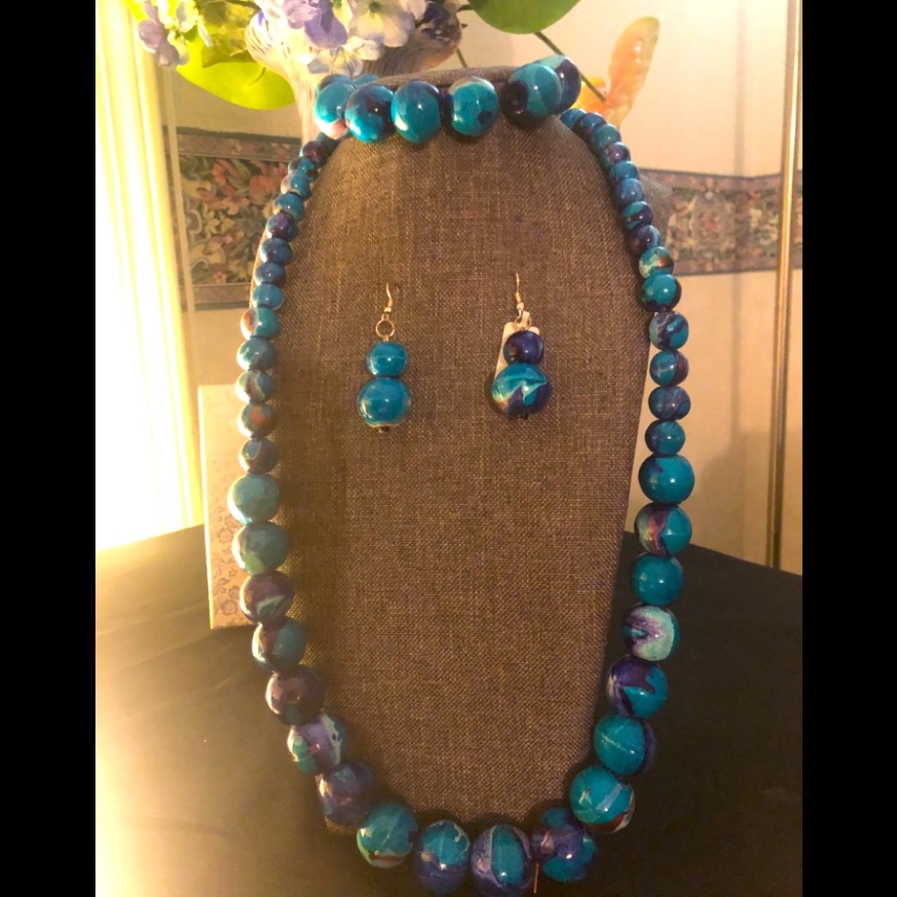 Violet/Blue Wooden Necklace, Bracelet, Earrings